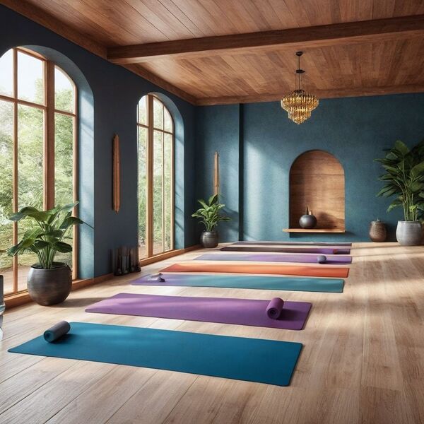 Calm indoor space with yoga mat and soft light